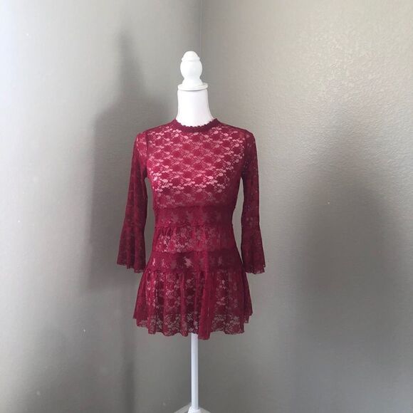Berry Red sheer lace blouse - Picture 1 of 10